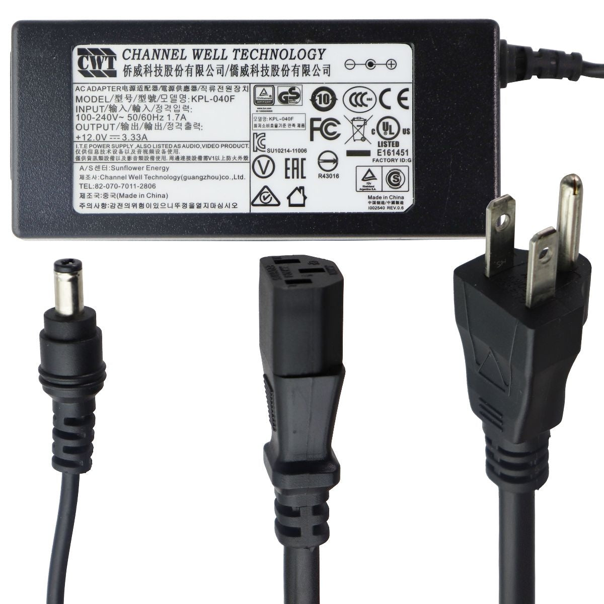Channel Well Tech (12V/3.33A) AC Adapter Power Supply - Black (KPL-040F) Multipurpose Batteries & Power - Multipurpose AC to DC Adapters Channel Well Tech    - Simple Cell Bulk Wholesale Pricing - USA Seller