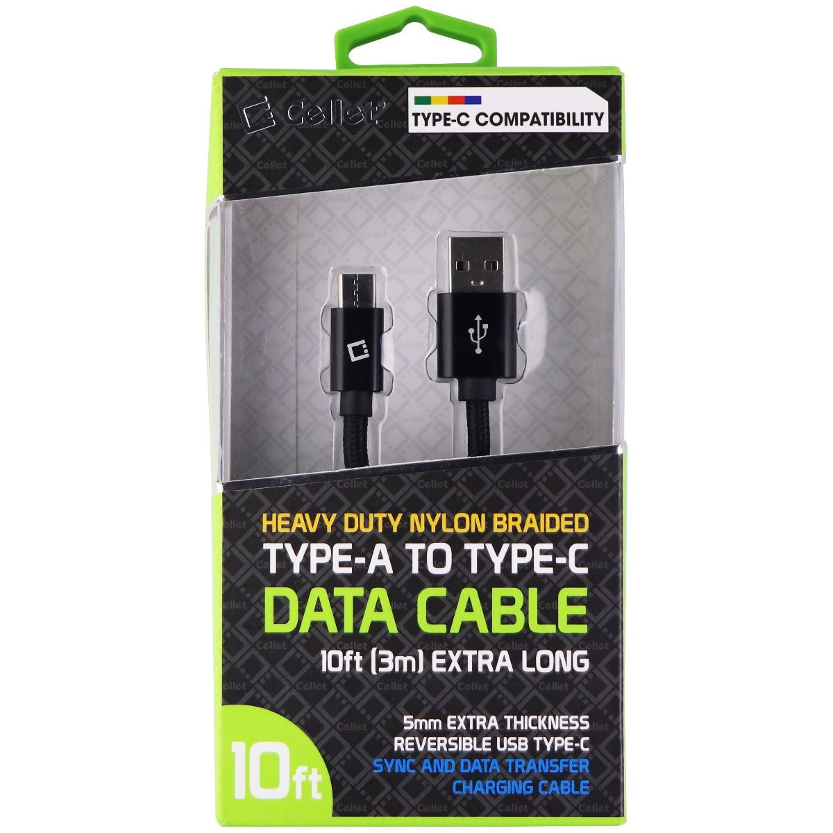 Cellet Heavy Duty Nylon Braided 10ft USB-A to USB-C Data Cable - Black Cell Phone - Cables & Adapters Cellet    - Simple Cell Bulk Wholesale Pricing - USA Seller