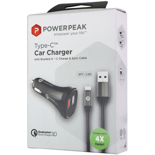 PowerPeak QC 3.0 Dual USB Car Charger with 4Ft Braided USB-C Cable  - Black Cell Phone - Chargers & Cradles PowerPeak    - Simple Cell Bulk Wholesale Pricing - USA Seller