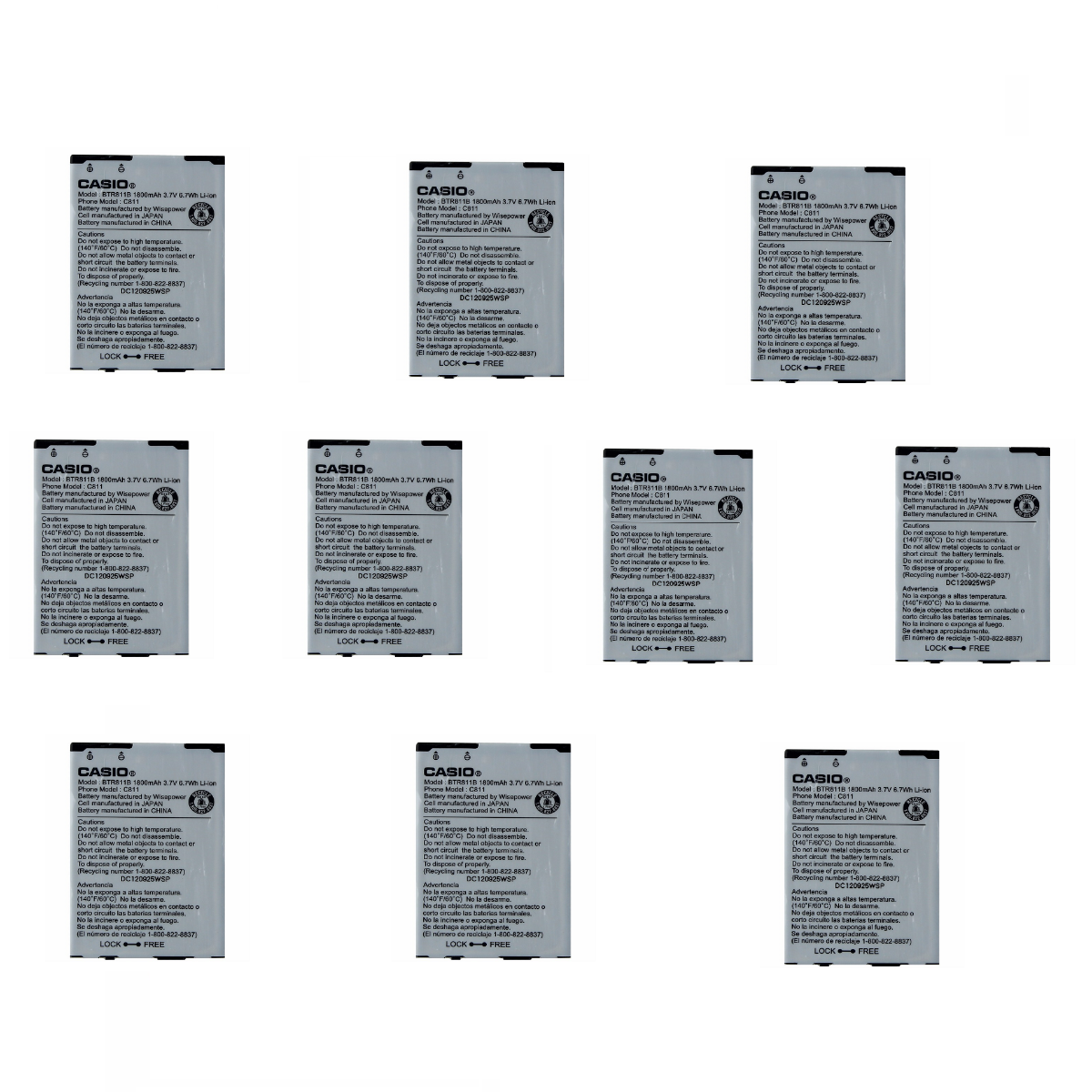 KIT 10x Casio BTR811B 1800mAh Replacement Battery for GzOne Commando 4g Cell Phone - Batteries Casio    - Simple Cell Bulk Wholesale Pricing - USA Seller