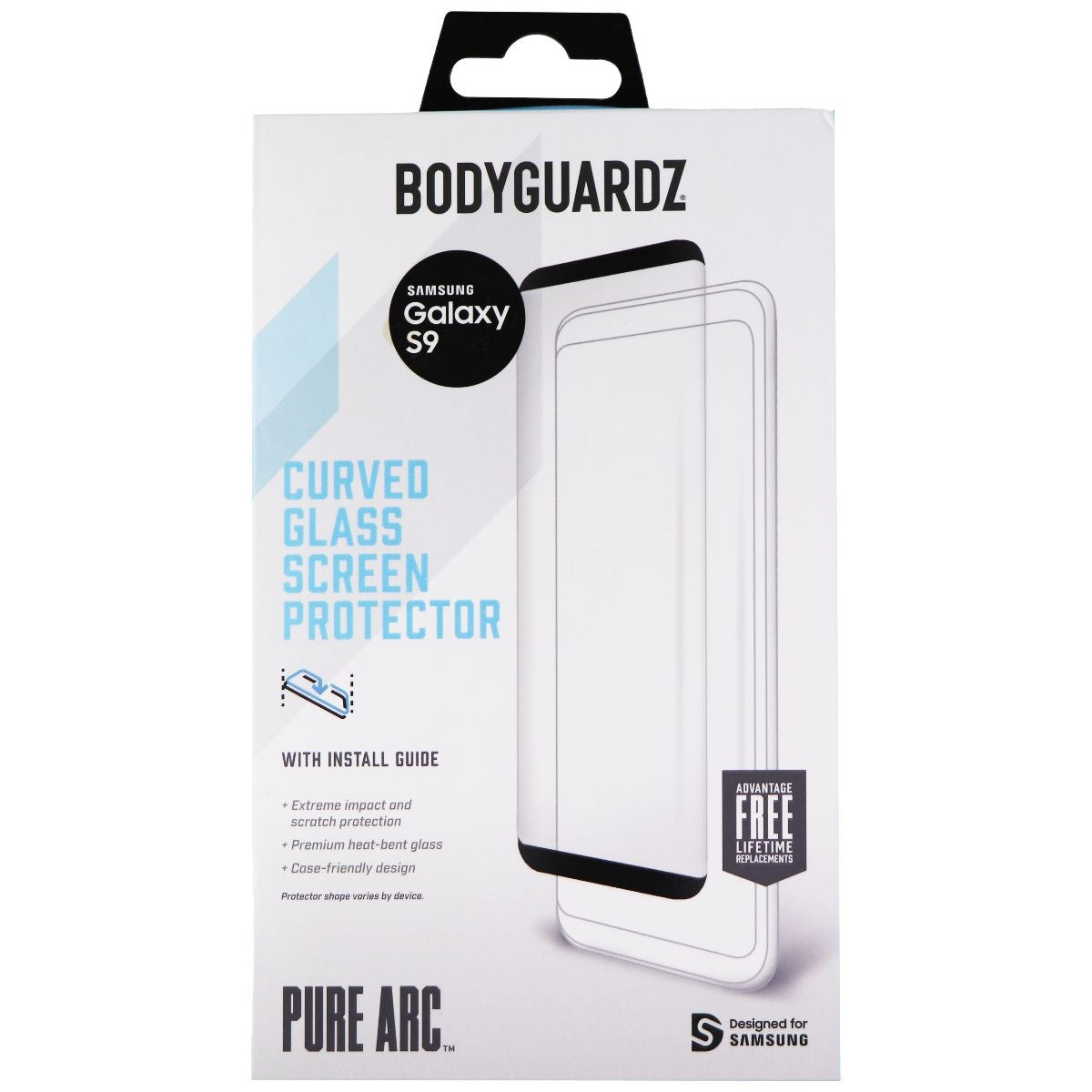BodyGuardz Pure Arc Curved Glass Screen Protector for Samsung Galaxy S9 - Clear Cell Phone - Screen Protectors BODYGUARDZ    - Simple Cell Bulk Wholesale Pricing - USA Seller