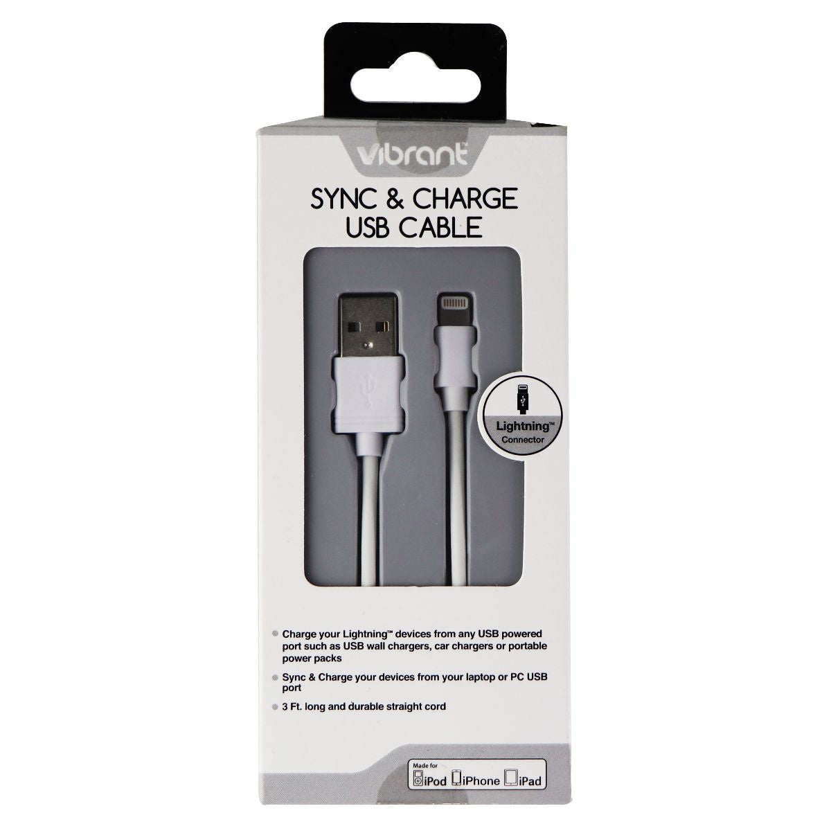 Vibrant (VB-SYLCWH) 3Ft Sync & Charge Cable for iPhones  - White Cell Phone - Cables & Adapters Vibrant    - Simple Cell Bulk Wholesale Pricing - USA Seller