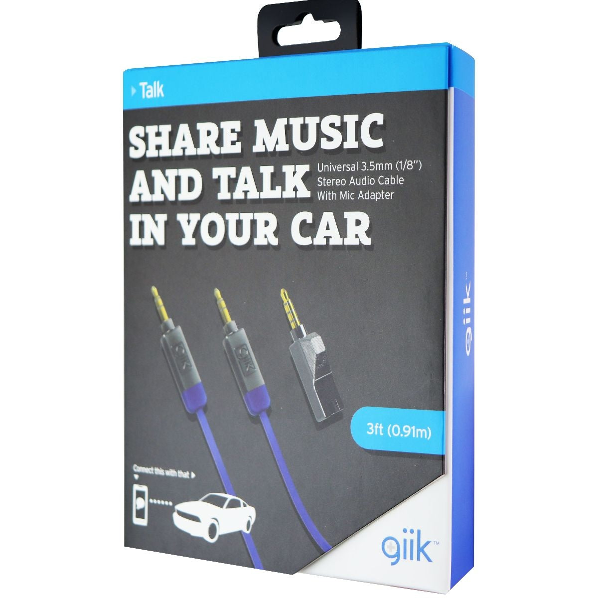 GiiK 3ft. Stereo Aux 3.5mm Cable and Microphone Adapter (GKM2M3MIC) - Black/Blue Cell Phone - Cables & Adapters GiiK    - Simple Cell Bulk Wholesale Pricing - USA Seller