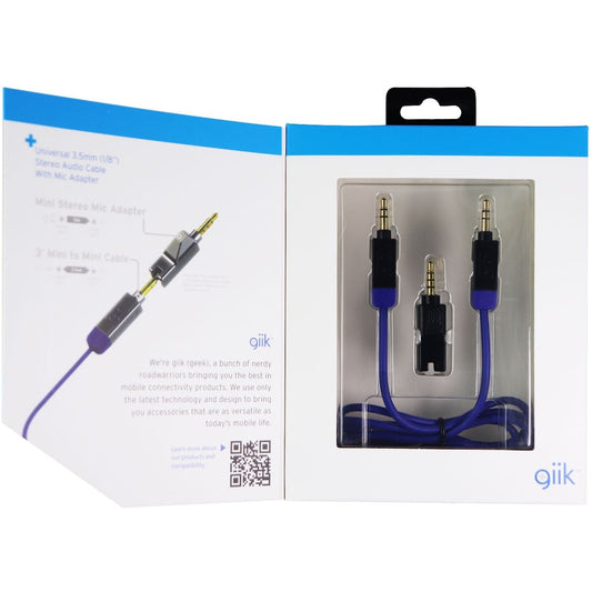 GiiK 3ft. Stereo Aux 3.5mm Cable and Microphone Adapter (GKM2M3MIC) - Black/Blue Cell Phone - Cables & Adapters GiiK    - Simple Cell Bulk Wholesale Pricing - USA Seller