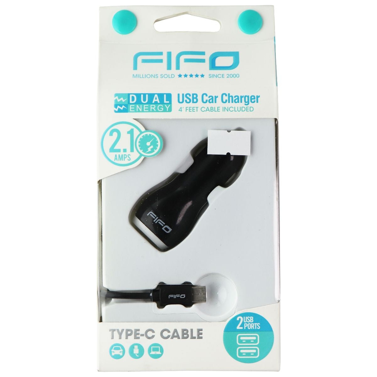 FIFO Dual USB (2.1A) Car Charger and 4-Ft USB-C Cable - Black Cell Phone - Chargers & Cradles FIFO    - Simple Cell Bulk Wholesale Pricing - USA Seller