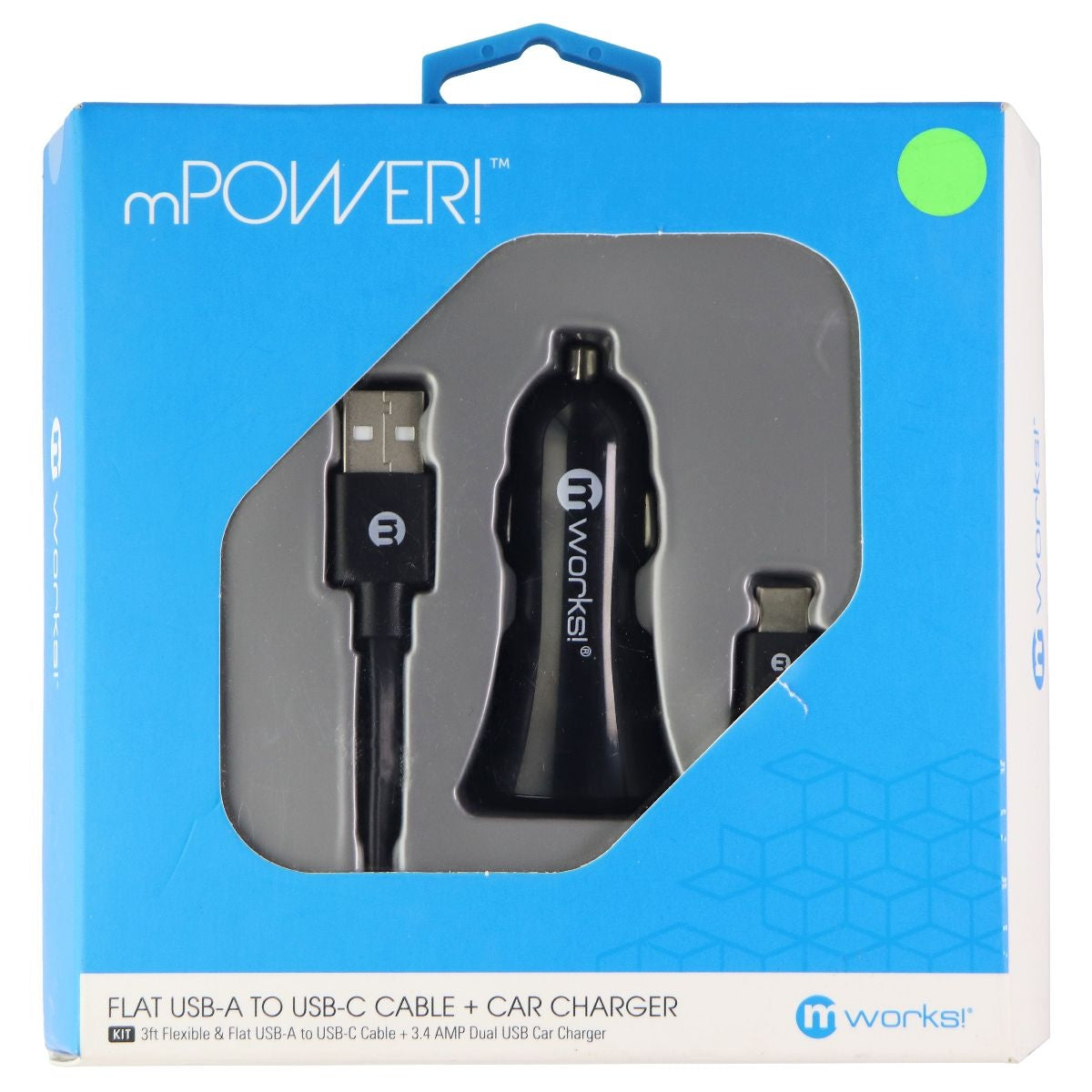 mWorks! mPOWER! (3-Foot) USB-C to USB Cable + Dual USB Car Charger - Black Cell Phone - Chargers & Cradles mWorks!    - Simple Cell Bulk Wholesale Pricing - USA Seller
