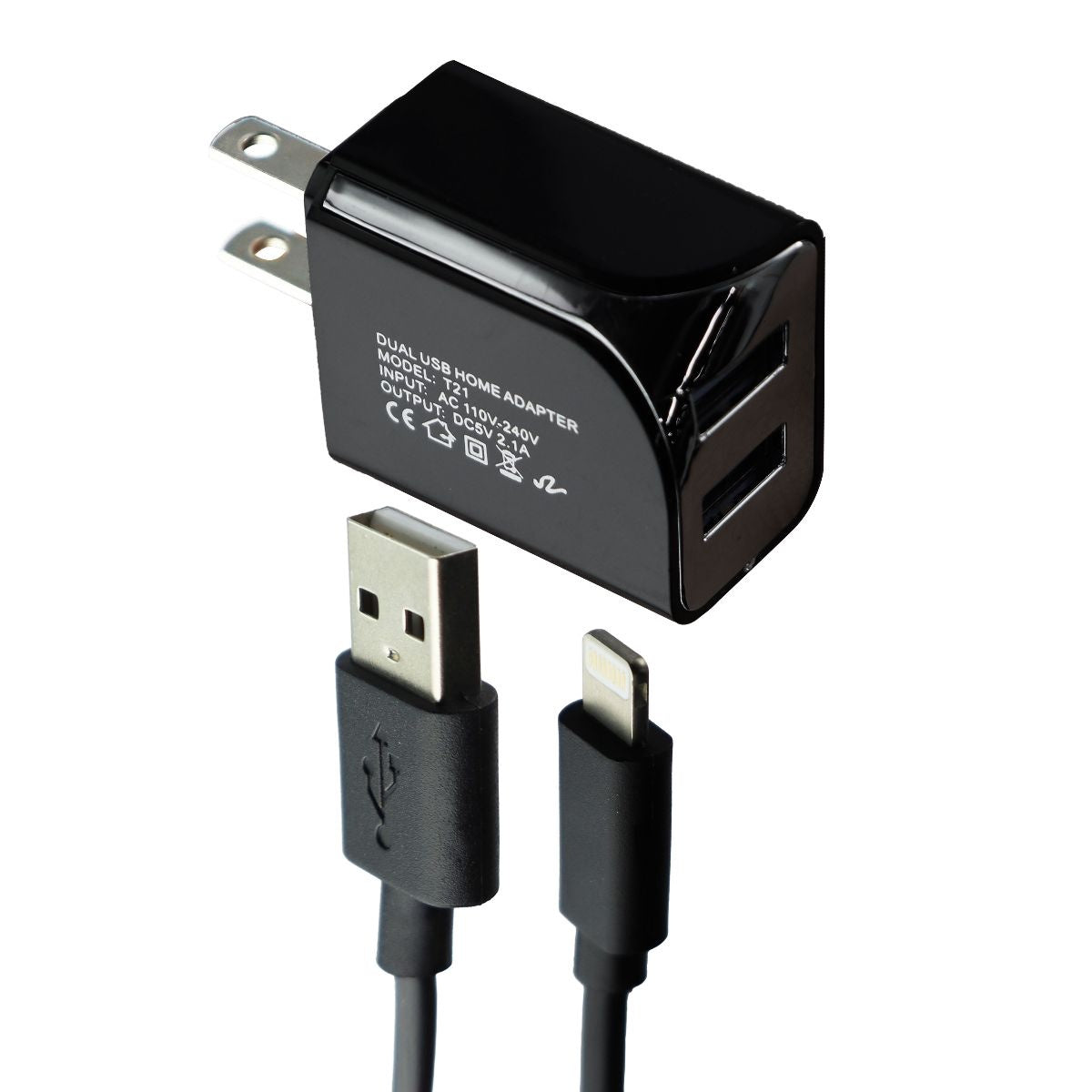 Dual Port USB Wall Charger (5V/2.1A) with 5FT 8-Pin to USB Cable - Black Cell Phone - Chargers & Cradles Unbranded    - Simple Cell Bulk Wholesale Pricing - USA Seller