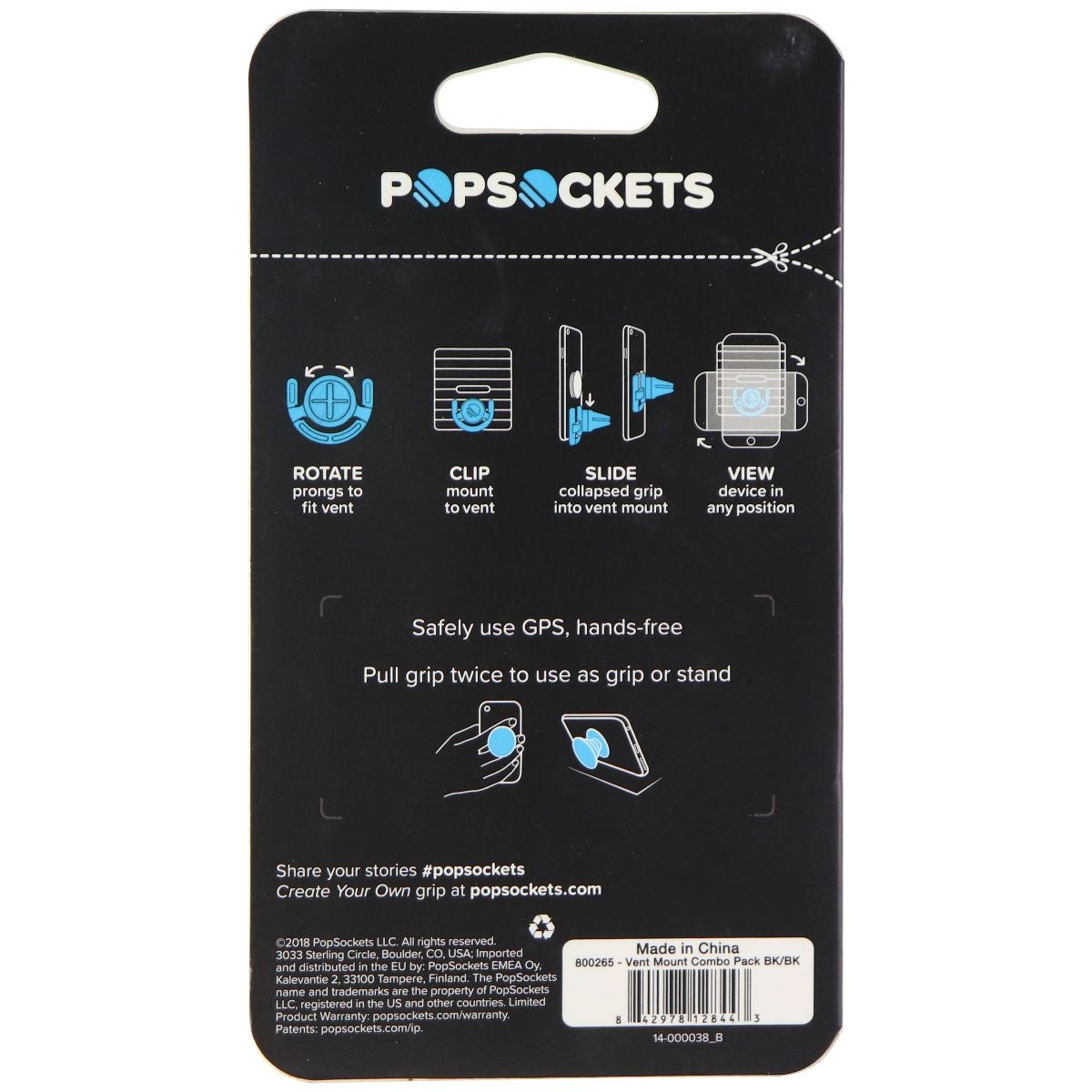 PopSockets Grip & Stand for Phones and Tablets - Black PopGrip & Vent Mount Cell Phone - Mounts & Holders PopSockets    - Simple Cell Bulk Wholesale Pricing - USA Seller